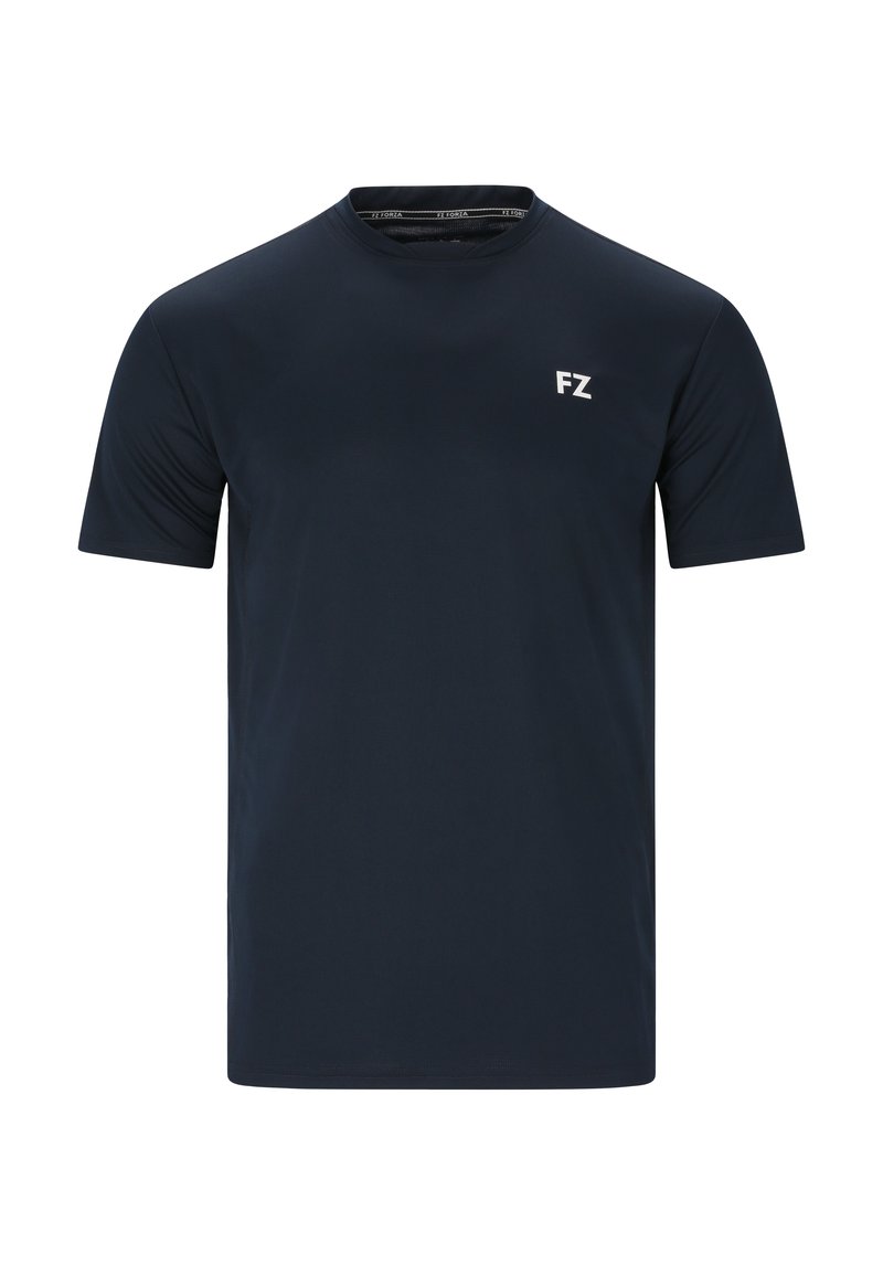 Marinblå kortärmad t-shirt i slät tyg, med rund halsringning och en liten vit "FZ"-logga på vänster bröst.