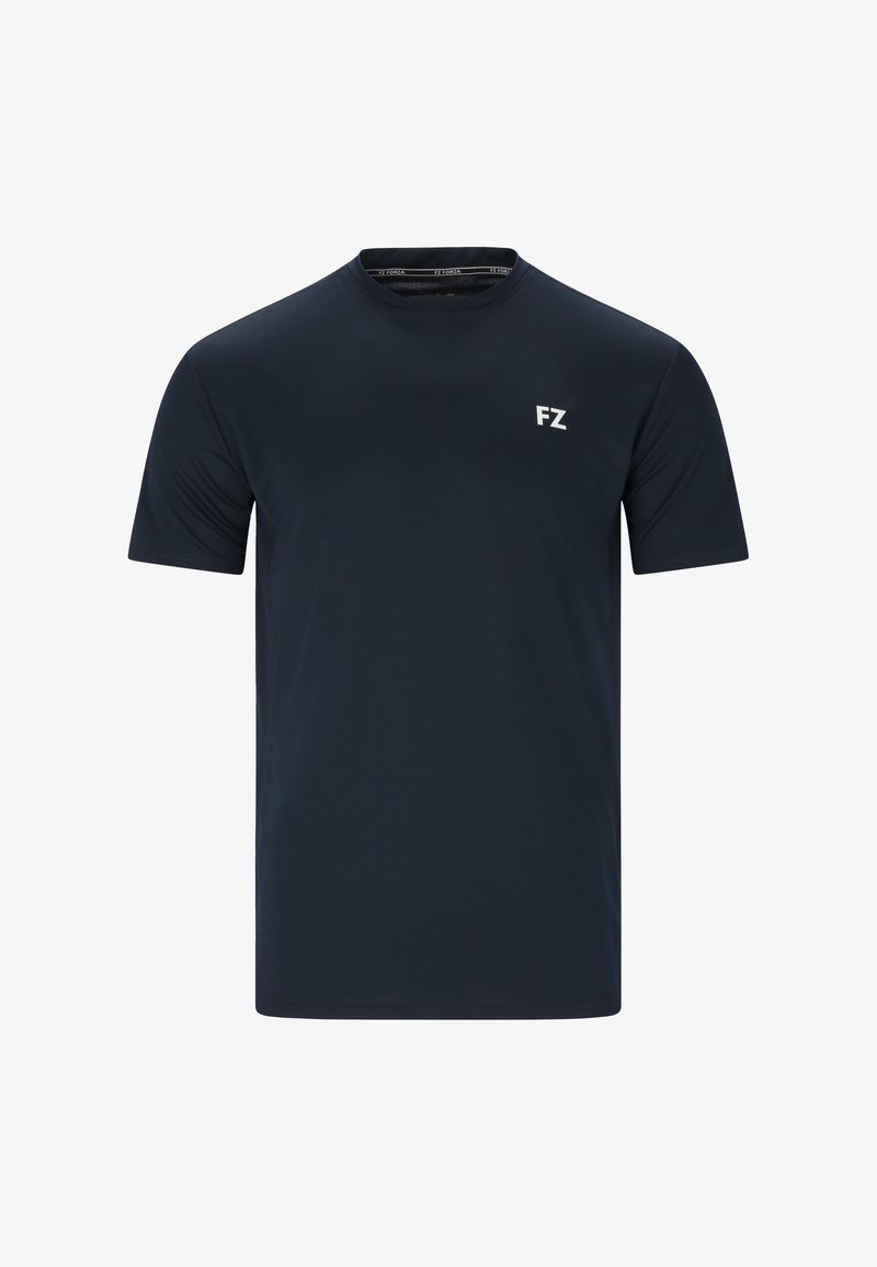 Marineblå kortermet t-shirt lavet af glat stof, med rund hals og et lille hvidt "FZ" logo på venstre brystområde.