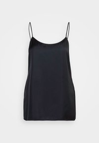 Czarny jedwabny top na cienkich, regulowanych ramiączkach spaghetti, o prostym, luźnym kroju.