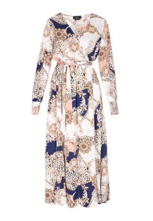 Duga haljina s uzorkom cvijeća i geometrijskih oblika u tamnoplavoj, breskvastoj i bijeloj boji. Izrađena od glatkog materijala s dugim rukavima i odgovarajućim remenom.