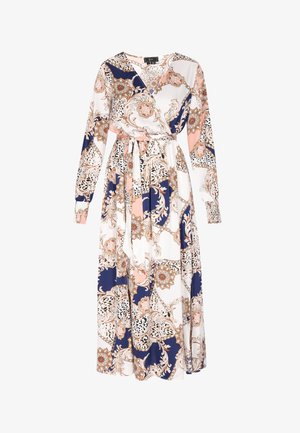 Pikk murranguline kleit, millel on lilleline ja geomeetriline muster tumesinises, õunaroosades ja valgetes toonides. Valmistatud siledast kangast, millel on pikad varrukad ja sobiv vöökohus.