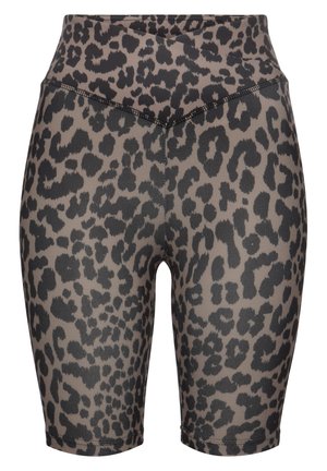 Leopard-print bike shorts with a high waistband. Made of smooth, stretch fabric in shades of beige and black. Features flat seams.