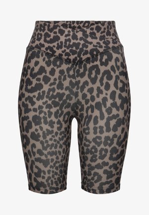 Leopard-print bike shorts with a high waistband. Made of smooth, stretch fabric in shades of beige and black. Features flat seams.