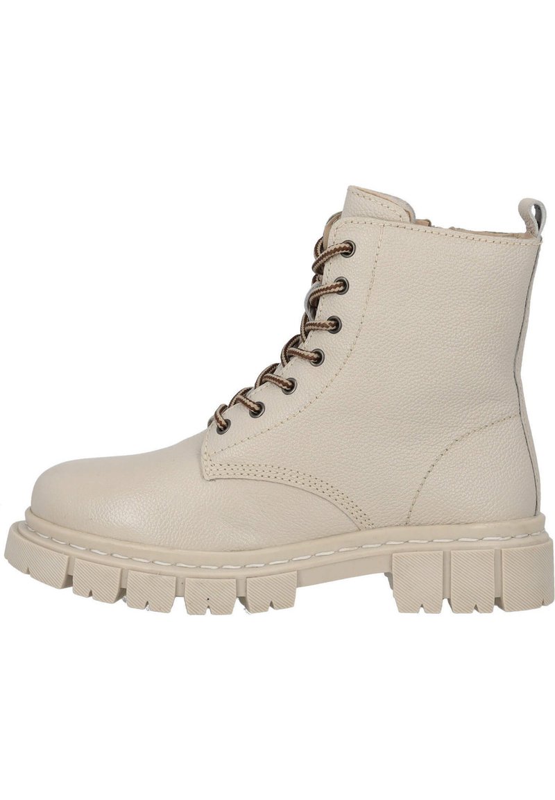 Bottines beiges en cuir texturé, avec un laçage, un bout rond et une semelle crantée épaisse.