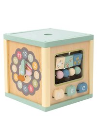 Wooden activity cube with pastel accents. Features a clock face, colorful blocks, and a bead maze. Smooth surface with rounded edges.