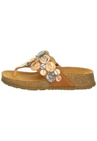 Brown flip-flop sandal with decorative metallic floral accents in silver, gold, and rose gold. Cork-like sole provides texture and cushioning.