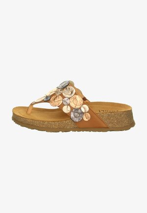 Braunes Flip-Flop sandal mit dekorativen metallischen Blumenakzenten in Silber, Gold und Roségold. Die korkähnliche Sohle bietet Struktur und Dämpfung.