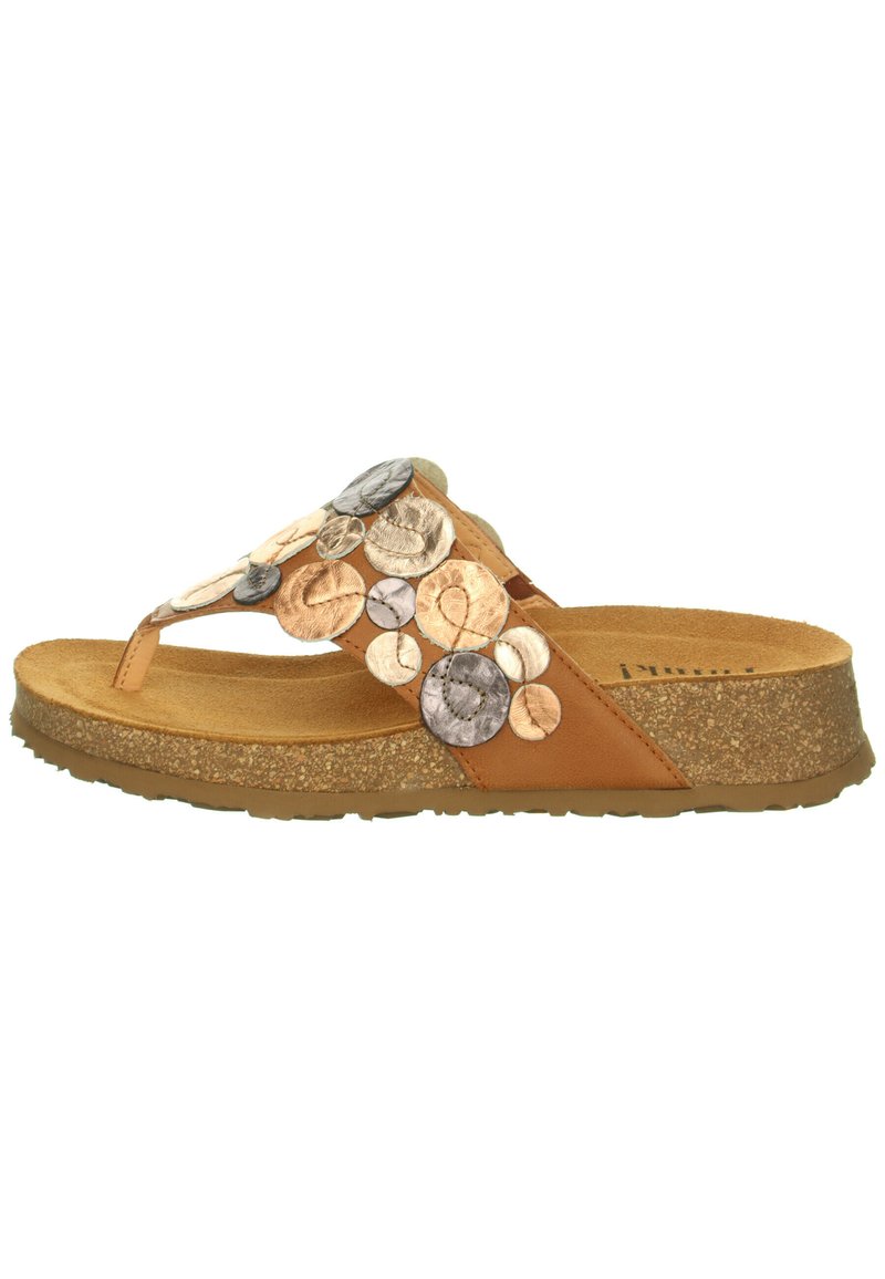 Brown flip-flop sandal with decorative metallic floral accents in silver, gold, and rose gold. Cork-like sole provides texture and cushioning.