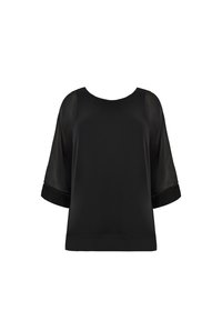 Czarna bluzka z krótkimi rękawami, o gładkiej fakturze i okrągłym dekolcie. Przezroczyste akcenty na rękawach oraz szczegółowo wykończony dół.