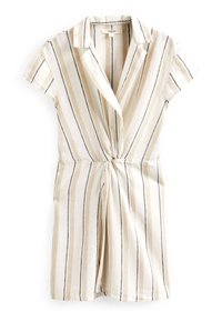 Collar-Overall in Creme mit horizontalen beigen und schwarzen Streifen. Mit Twist-Knoten-Detail an der Taille, kurzen Ärmeln und einer lockeren Silhouette.