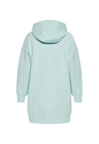 Felpa oversize azzurra chiara con cappuccio regolabile, maniche lunghe e polsini a costine. Texture liscia e vestibilità rilassata con orlo dritto.