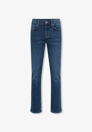 Sötétkék mosású farmernadrág, amely illeszkedő derékkal, egyenes lábakkal és öt zsebes kialakítással rendelkezik. Ezüst színű fém részletekkel és minimális kopással készült.