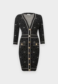 Μαύρο εφαρμοστό φόρεμα-καρντιγκάν με χρυσά κουμπιά, λευκά γεωμετρικά σχέδια, μακριά μανίκια, δύο εμπρόσθιες τσέπες και λευκή διακόσμηση στις άκρες.