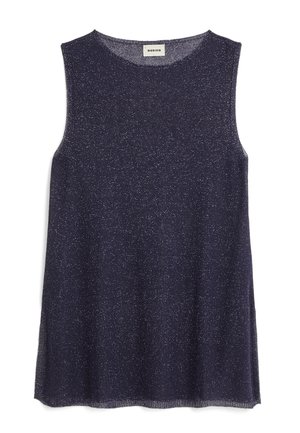 Ärmelloses Top in dunklem Marineblau mit funkelnder Textur. Fließendes Design, weiches Material, runder Halsausschnitt und leicht gewellter Saum.