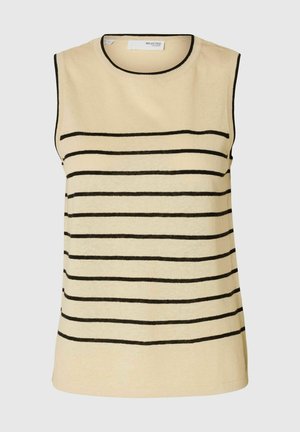 Haut sans manches beige avec des rayures horizontales noires. Encolure ronde, texture douce et design décontracté. En mélange de coton.