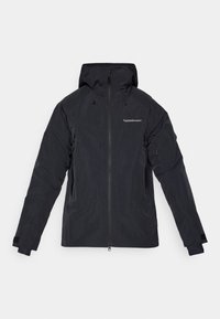 Casaco preto impermeável com capuz, fecho de correr completo, bolsos laterais, punhos ajustáveis e detalhe com logo no peito. Tecido leve.