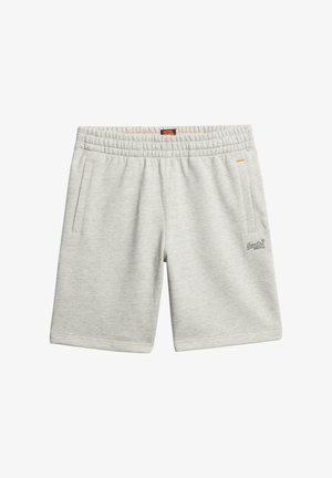 Grijze katoenen shorts met een elastische tailleband, voorzien van twee zijzakken en een logo op het linkerpoot. Gladde textuur, knie-lange ontwerp.