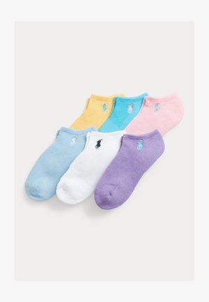 Set aus fünf Paar Knöchelsocken in Gelb, Blau, Rosa, Weiß und Lila mit gesticktem Logo. Material aus Baumwollmischung, strukturierte Oberfläche.