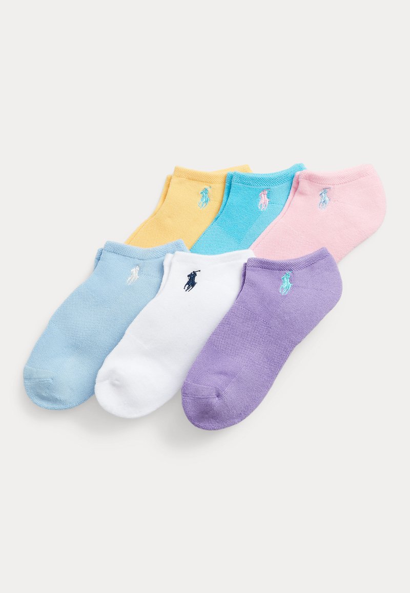Set aus fünf Paar Knöchelsocken in Gelb, Blau, Rosa, Weiß und Lila mit gesticktem Logo. Material aus Baumwollmischung, strukturierte Oberfläche.