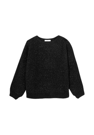 Pull noir tricoté avec une surface texturée, doté de manches longues et d'un col rond. Accents métalliques subtils répartis sur tout le tissu.