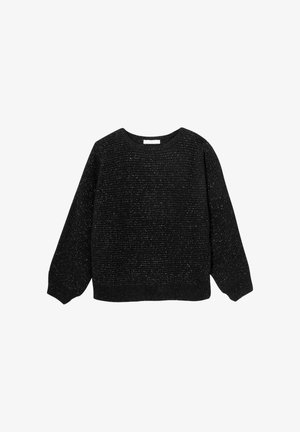 Pull noir tricoté avec une surface texturée, doté de manches longues et d'un col rond. Accents métalliques subtils répartis sur tout le tissu.