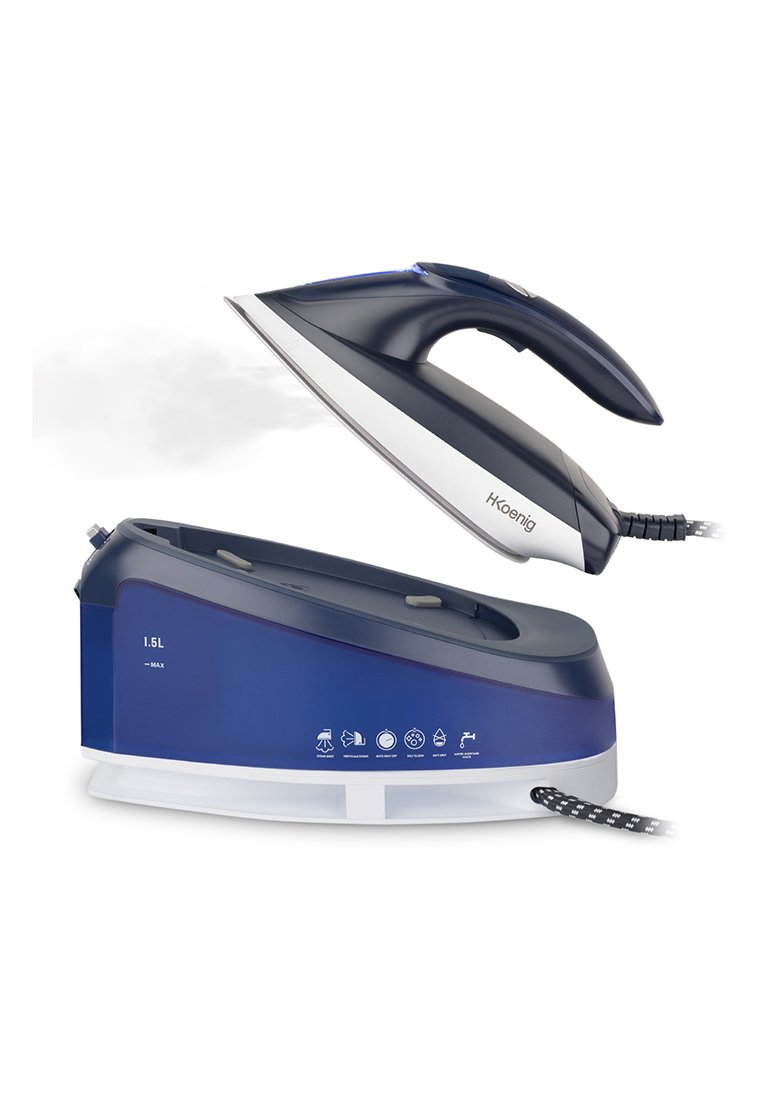 Ferro da stiro a vapore portatile in blu navy e bianco, con base da 1,5L, impugnatura testurizzata e pulsanti di controllo sulla parte anteriore.