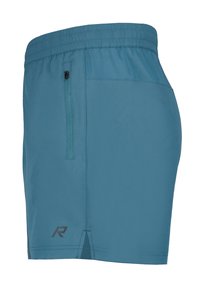 Tealfärgade träningsshorts i lättviktsmaterial med elastisk midja, sidoficka med dragkedja och en liten logotyp nära fållen.