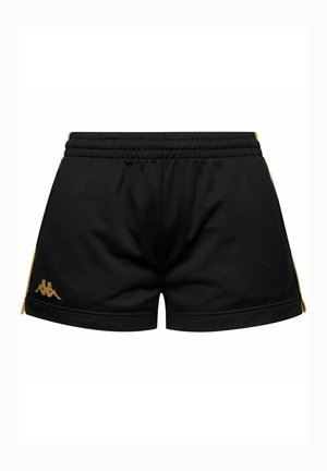 Pantaloncini atletici neri in tessuto testurizzato con una cintura elastica, caratterizzati da strisce laterali dorate e un piccolo logo sull'orlo.