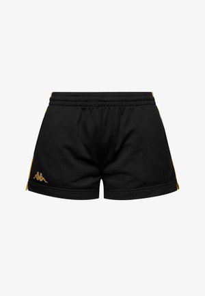 Pantaloncini atletici neri in tessuto testurizzato con una cintura elastica, caratterizzati da strisce laterali dorate e un piccolo logo sull'orlo.