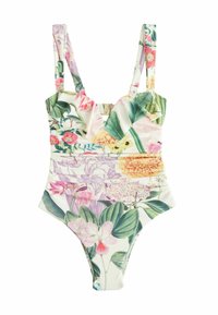 Costume da bagno intero floreale con spalline regolabili, scollatura a V e un mix di vivaci motivi floreali nei toni del rosa e del verde.
