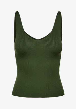 Geribbelde groene tanktop met een V-hals en brede banden. Gemaakt van textuurmateriaal, het heeft een aansluitendesilhouet en naadloze constructie.