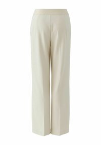 Cream-colored tailored trousers with a wide-leg design, featuring a textured waistband and a smooth finish on the fabric.