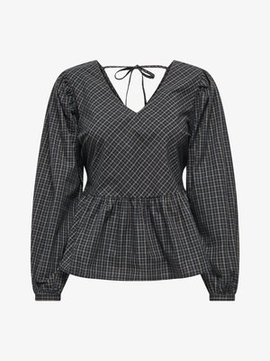 Blouse en tartan foncé avec manches longues bouffantes, encolure en V, taille peplum et fermeture à nouer au dos.