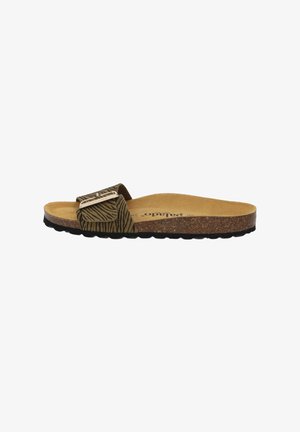 Braune Kork-Slide-Sandale mit schwarzer, geriffelter Sohle und einem breiten, zebragestreiften Riemen mit Metallschnalle.