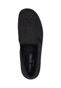 Black slip-on shoe with a textured woven pattern, rounded toe, and elastic side panels for flexibility, featuring a branded insole.