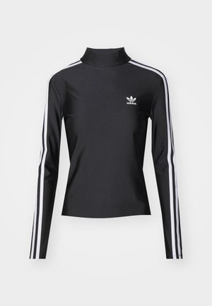 Black long-sleeve top with a high collar, made of smooth fabric. Features white side stripes and a small white logo on the chest.