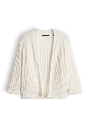 Roomkleurige geribbelde gebreide open-front cardigan met lange mouwen en een losse pasvorm, plat uitgestald op een witte achtergrond.