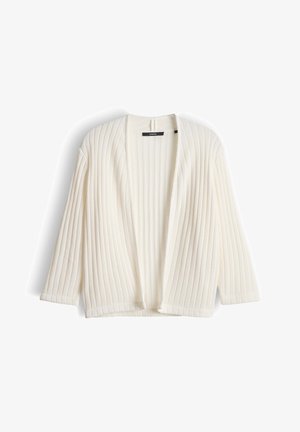 Roomkleurige geribbelde gebreide open-front cardigan met lange mouwen en een losse pasvorm, plat uitgestald op een witte achtergrond.