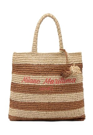Bolso tote tejido con rayas beige y marrón con dos asas, detalles de pompones y "Milano Marittima Liu Jo" bordado en hilo rojo.