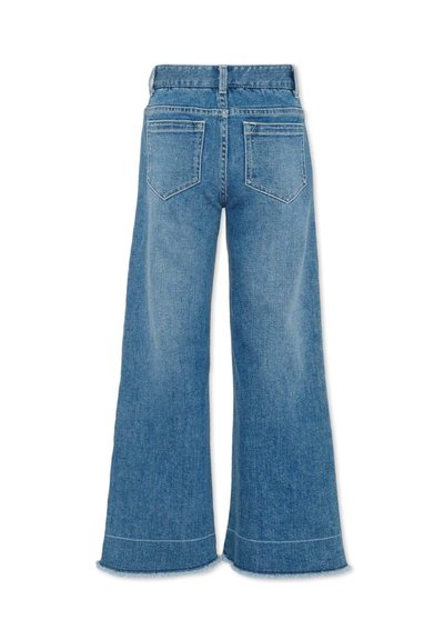 Niebieskie dżinsy z szerokimi nogawkami, z wysokim stanem, dwoma tylnymi kieszeniami, szlufkami na pasek oraz surowymi, nieobrobionymi brzegami.