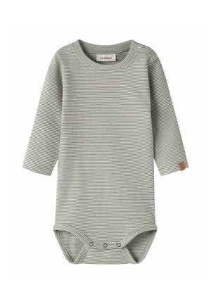 Szary i biały body dla niemowląt z długim rękawem, w paski, z okrągłym dekoltem i zatrzaskami w kroku ułatwiającymi zmianę pieluszki.