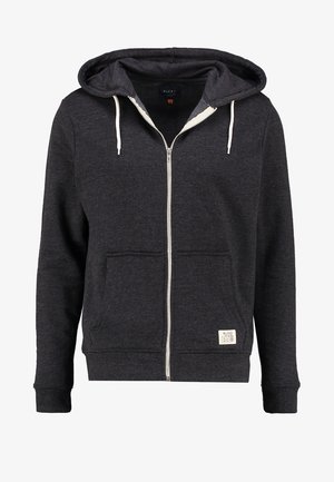 Dunkelgrauer Reißverschluss-Hoodie aus weichem Stoff, mit Kapuze, Fronttaschen, weißen Kordeln und gerippten Bündchen und Saum.