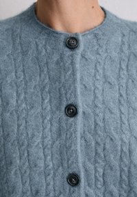 Hellblauer Strickcardigan mit Zopfmuster aus weicher Wolle, mit rundem Ausschnitt und vier schwarzen Knöpfen vorne.
