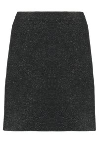 Mini-jupe noire en motif chevrons, tissu texturé avec un léger éclat, coupe droite et taille élastique en haut.