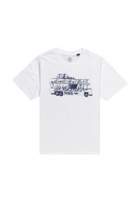 White cotton t-shirt featuring a blue graphic of a bus with characters, labeled "ELEMENT PARIS." Short sleeves and crew neckline.
