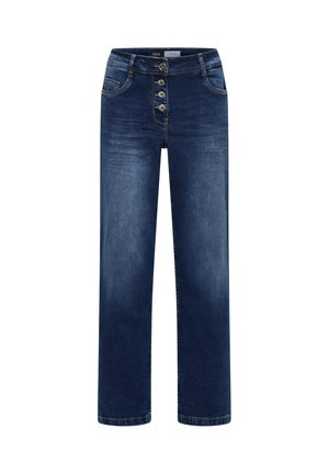Dunkelblaue Jeans aus Denim mit hoher Taille, fünf Taschen und einer Knopfleiste. Verfügt über einen geraden Bein-Schnitt und minimale Verwaschungen.