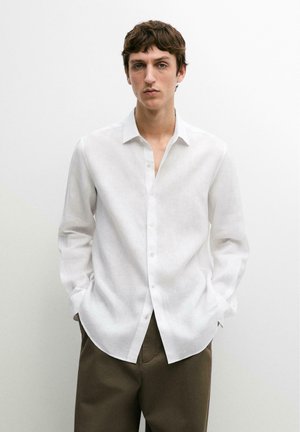 Młody mężczyzna o krótkich brązowych włosach, ubrany w białą koszulę na guziki i brązowe spodnie, stoi z rękami w kieszeniach na białym tle.