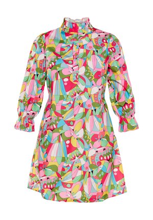 Kleurvolle, gemusterde jurk met een hoge ruches kraag, opgeblazen mouwen en een knoopsluiting, met abstracte vormen in roze, groen en blauw.
