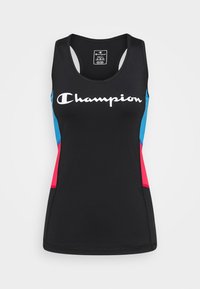 Černý sportovní tílko s modrými a růžovými bočními panely. Má kulatý výstřih a bílé logo "Champion" na přední straně. Elastický materiál.
