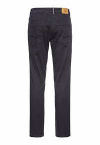 Donkerblauwe spijkerbroek van denim, met een rechte pijp, achterzakken met stiksel-details en een leren merklabel op de taille.